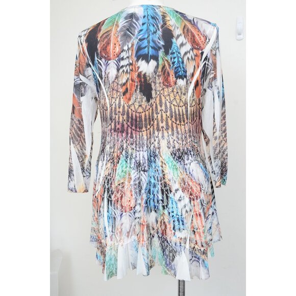 Cactus Southwest Feathers Beaded Hankie Hem Made in USA Tunic Top Size XL - Picture 2 of 10